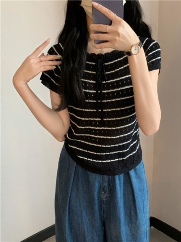 Real shot price French square neck short-sleeved sweater hollow crochet Korean style striped sweater