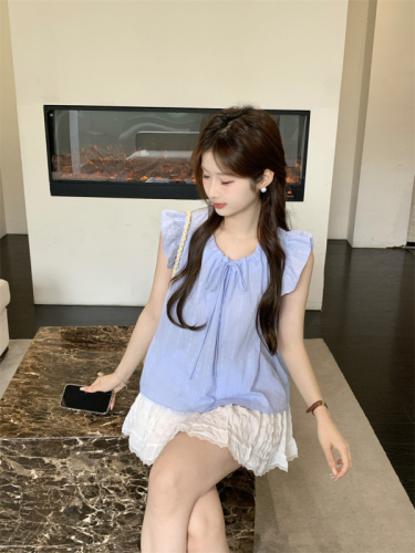 Actual shot of 2024 new summer style Feifei sleeve chic lace-up shirt women's babydoll top