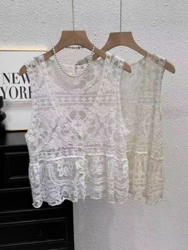 Lace vest outer short style 2024 new retro cotton and linen women's wear hollow embroidered outer vest thin style women's summer