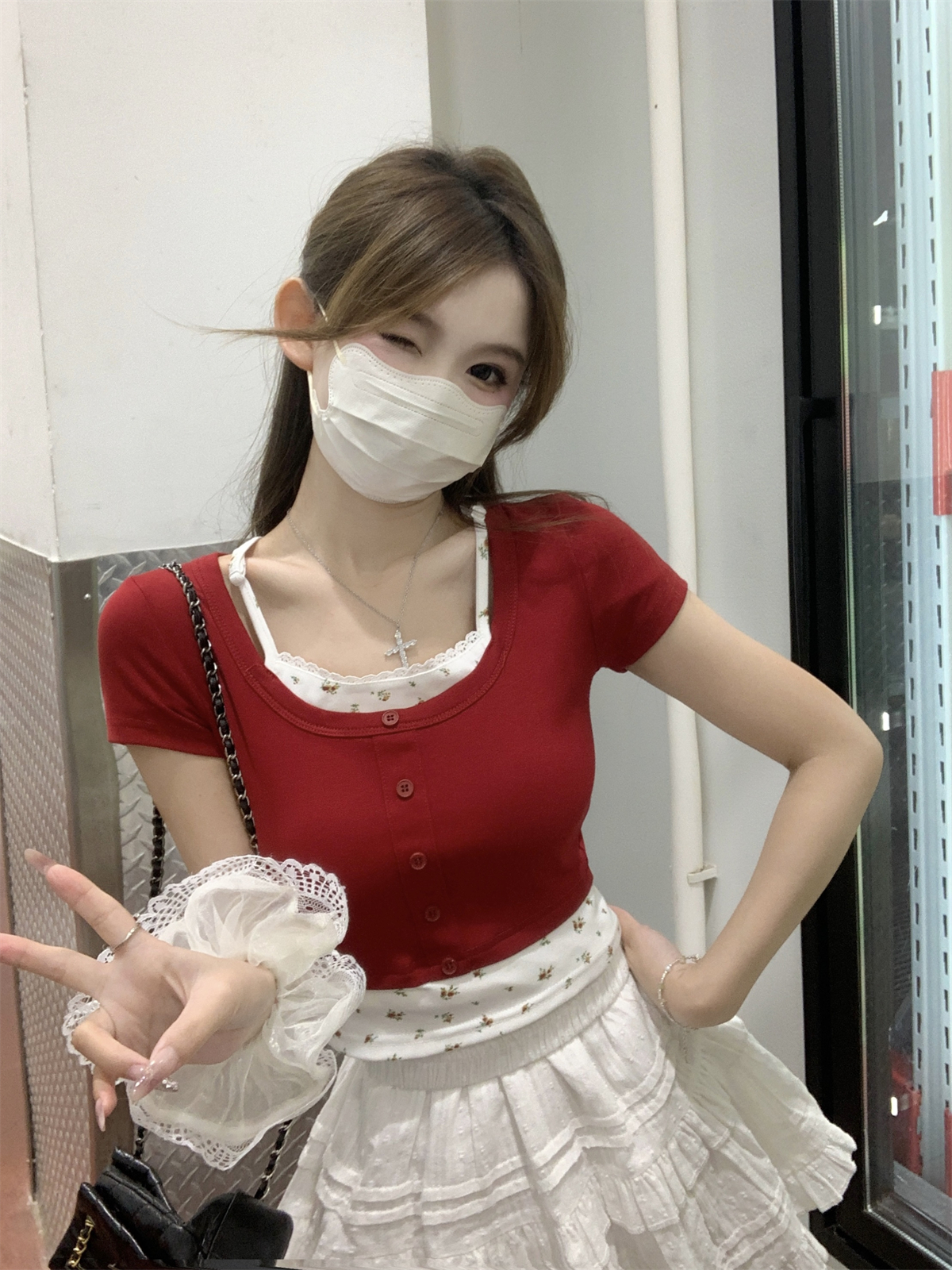 實拍 夏季韓版bm純欲修身撞色碎花方領假兩件短款純棉短袖T恤