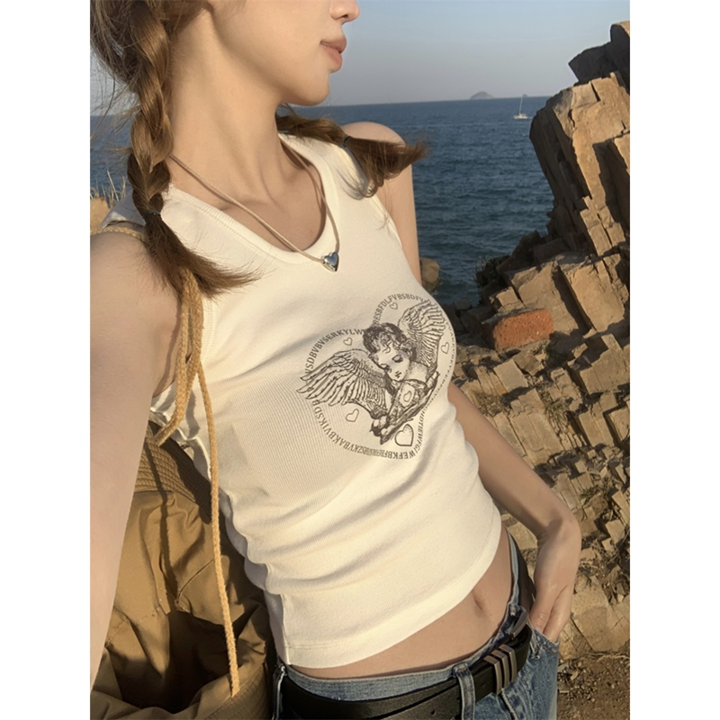 40支棉92棉8氨綸 時尚超火韓版復古天使無袖背心女夏季甜辣小上衣