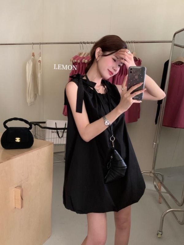 THE LEMON檸檬綠茶純色側邊系帶花苞裙女24夏設計感背心裙小個子