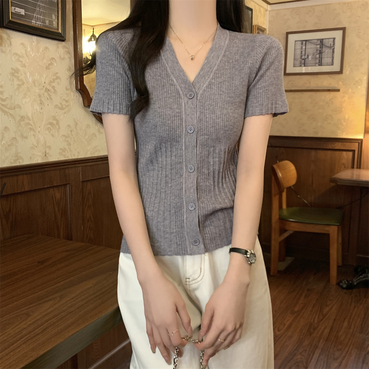 Real shot summer Korean style v-neck single button cardigan Andy velvet slim knit short-sleeved shirt for women 