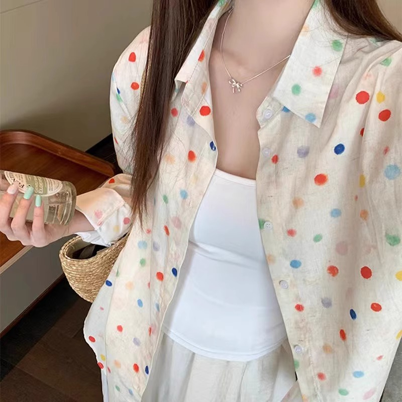 Original fabric design sense niche loose slimming French style sunscreen polka dot long sleeve women's shirt