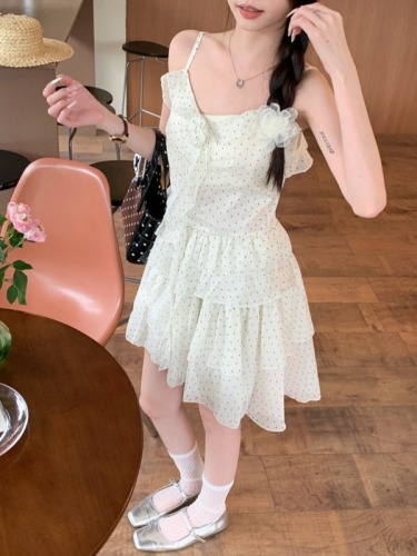 2024 new summer style sweet chiffon sleeveless polka dot cake skirt temperament suspender dress short skirt