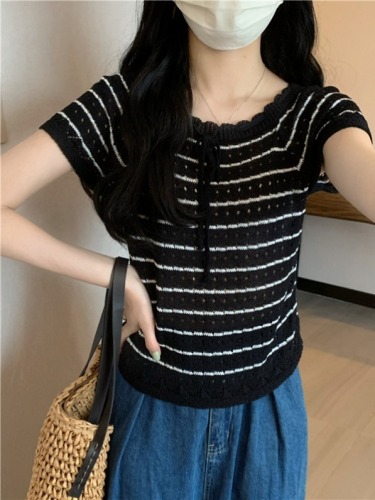 Real shot price French square neck short-sleeved sweater hollow crochet Korean style striped sweater