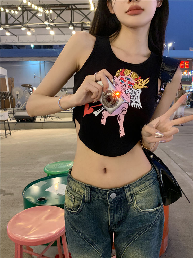 甜辣妹卡通印花背心女夏季無袖修身顯瘦短款上衣ins