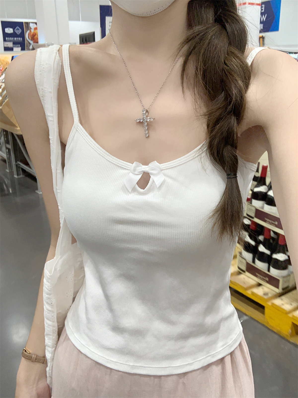 實拍 夏季韓版修身甜美蝴蝶結含胸墊短款純棉吊帶背心上衣女