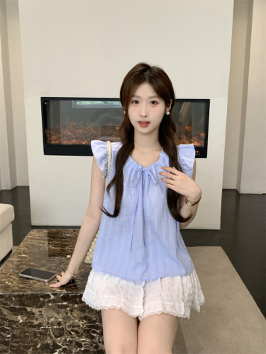 Actual shot of 2024 new summer style Feifei sleeve chic lace-up shirt women's babydoll top