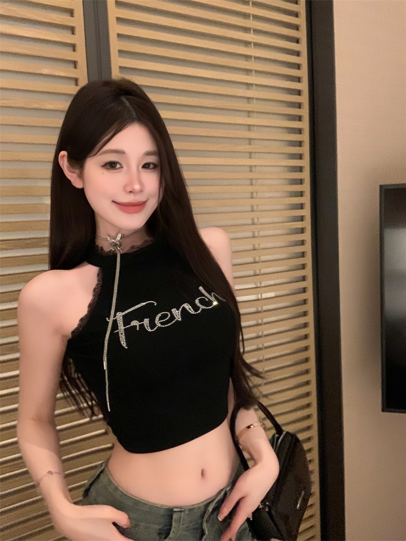 實拍~甜美減齡花邊燙鑽字母辣妹修身背心女夏季新款無袖上衣