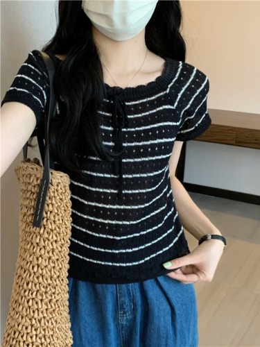 Real shot price French square neck short-sleeved sweater hollow crochet Korean style striped sweater