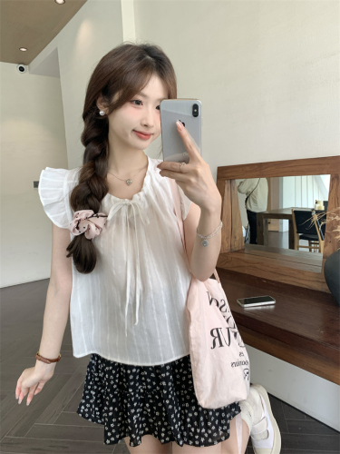 Actual shot of 2024 new summer style Feifei sleeve chic lace-up shirt women's babydoll top