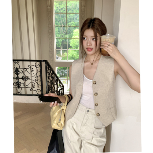 Actual shot of 2024 summer clothing new old money style retro linen cotton casual all-match suit vest vest women's top trendy