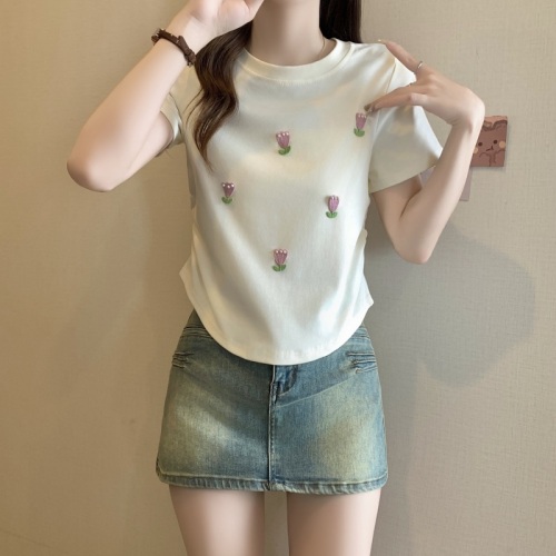 Summer plus size women's new style three-dimensional beautiful small flower pastoral tulip short sleeves