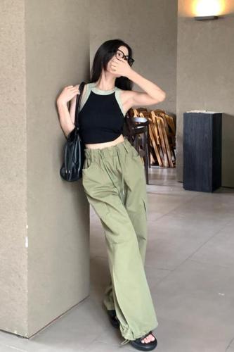 Actual shot of slim-fitting short vest for women + American high street overalls drawstring high waist slimming wide leg casual pants