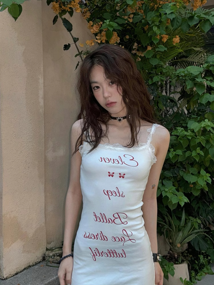 American hot girl lace splicing design suspender skirt for women ins style sleeveless waist slimming letter print a-line skirt summer