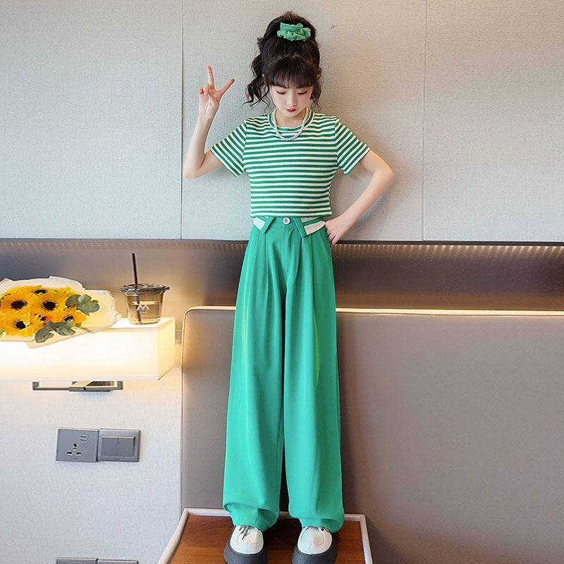 女童套裝夏裝2024新款夏季兒童氣質無袖掛脖上衣闊腿九分褲兩件套