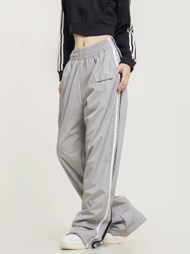 Sports pants for women in spring and autumn, letter embroidered side stripes, loose drape, straight, small, casual wide-leg pants