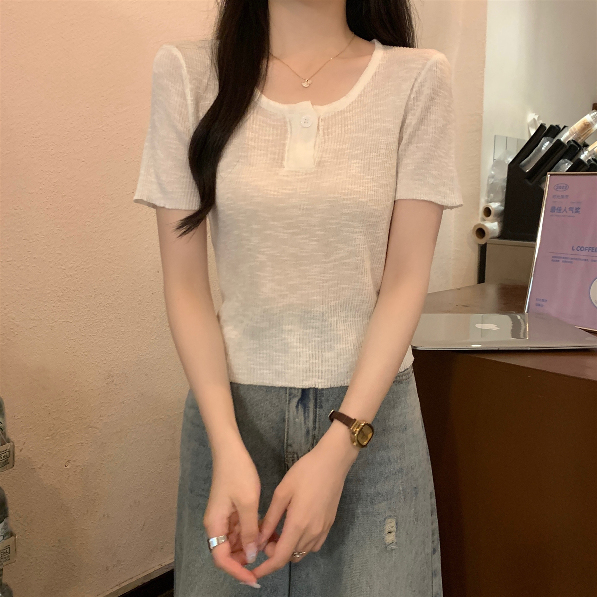 Photographed Summer Korean Style Square Collar Simple One-Pin Collar Lightweight Bamboo Node Ramie Versatile Knit Short-Sleeve Top