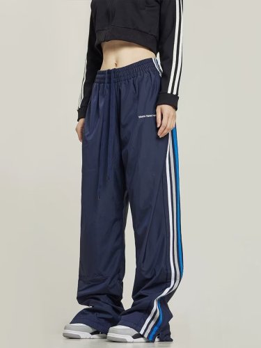 Sports pants for women in spring and autumn, letter embroidered side stripes, loose drape, straight, small, casual wide-leg pants