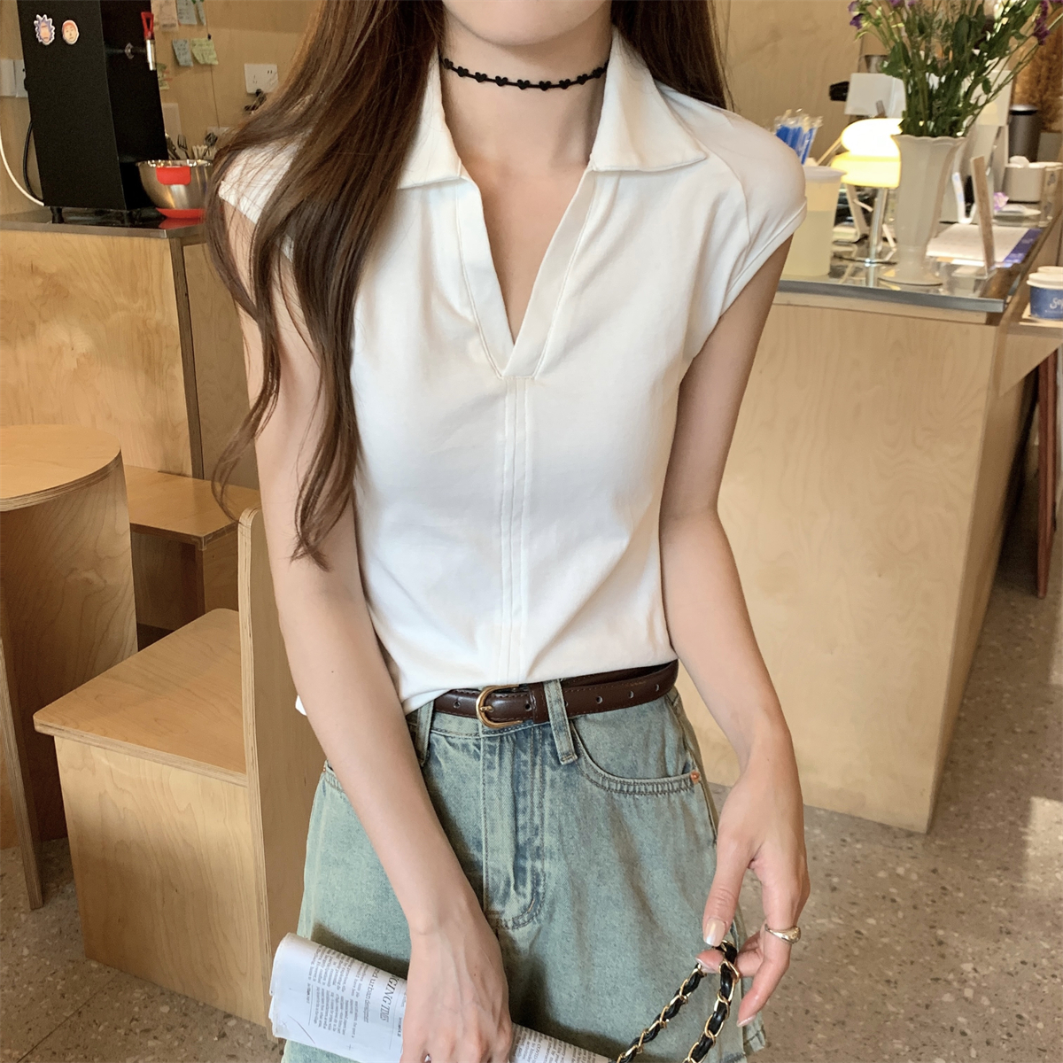 實拍 夏季韓版氣質polo領落肩魚骨設計感百搭純棉短袖上衣T恤