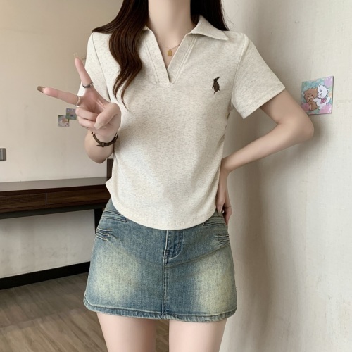 Plus size women's new Polo collar half open collar solid color embroidered short-sleeved top