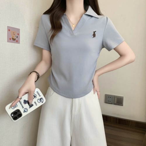 Plus size women's new Polo collar half open collar solid color embroidered short-sleeved top