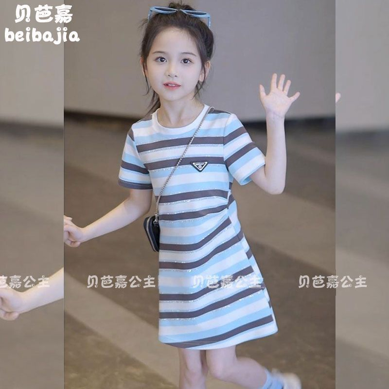 女童夏季連衣裙2024新款洋氣兒童裙子中大童小女孩收褶條紋T恤裙