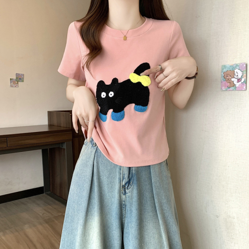 Plus size women's new embroidered cartoon short-sleeved tops