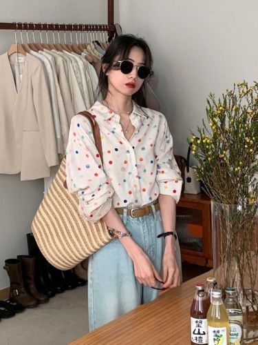 Colorful polka dot spring and summer casual loose sun protection shirt 2024 shirt lazy sweet loose shirt flesh-covering shirt