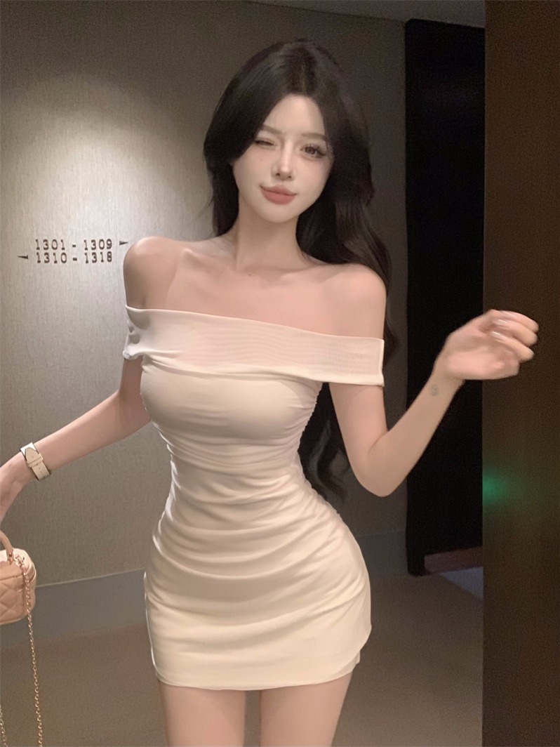 Photographed French-style sexy pure white bodycon skirt internet celebrity sleeveless one-shoulder strapless dress