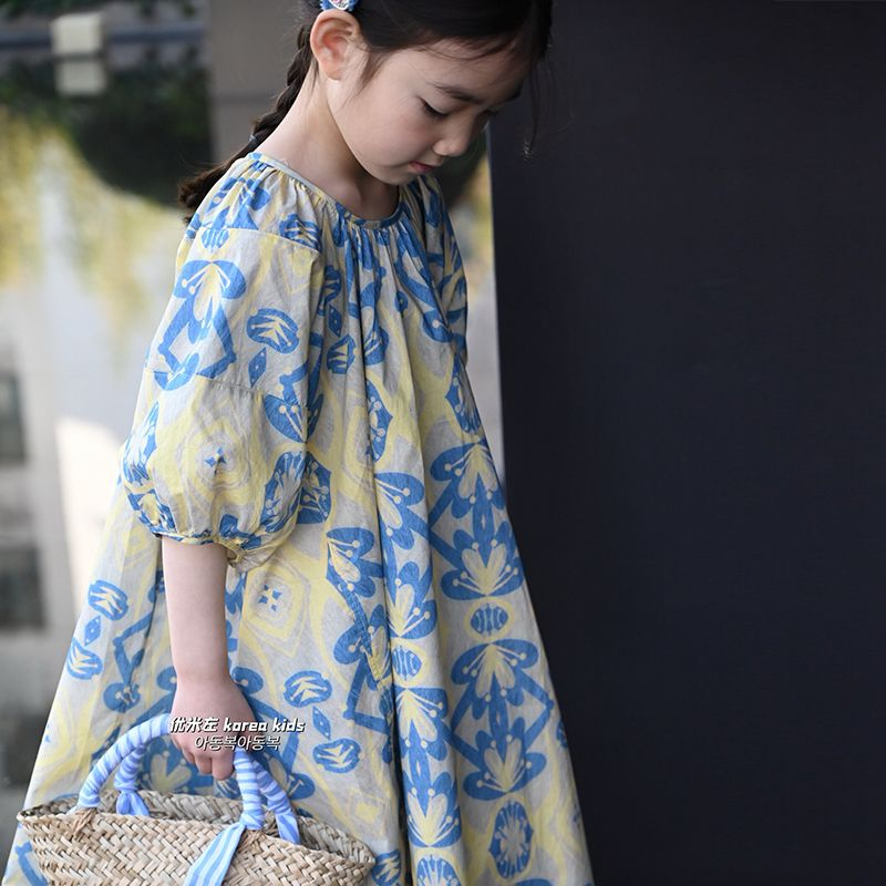 女童夏季連衣裙2024夏季韓版洋氣小女孩碎花泡泡袖中長裙兒童裙子