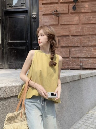 Sleeveless off-shoulder loose vest women's summer new style French niche solid color versatile round neck chic top