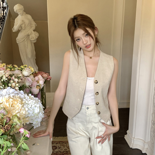 Actual shot of 2024 summer clothing new old money style retro linen cotton casual all-match suit vest vest women's top trendy