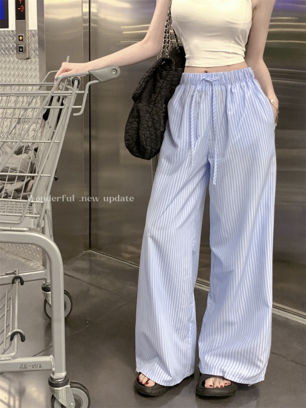 Real shot solid color thin high waisted loose vertical striped casual pants straight pants wide leg trousers floor mopping pants