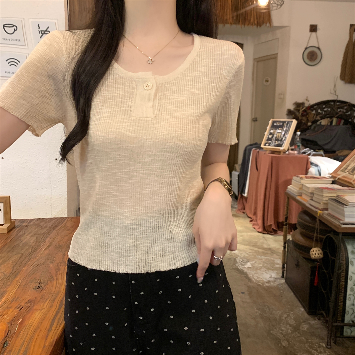 Photographed Summer Korean Style Square Collar Simple Lightweight Bamboo Joint Linen Chique Versatile Knit Short Sleeve Top