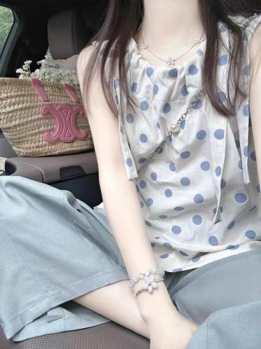 French polka-dot sleeveless vest for women to wear in summer, loose and slim, Korean-style sweet and gentle style lace-up top