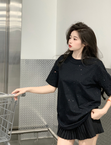 Actual shot of 220g pure cotton short-sleeved T-shirt summer shoulder starry print mid-length round neck top Korean style women's clothing