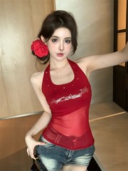 Real shot!  !  Hot girl hot diamond backless halter top women's slim mesh design sleeveless top
