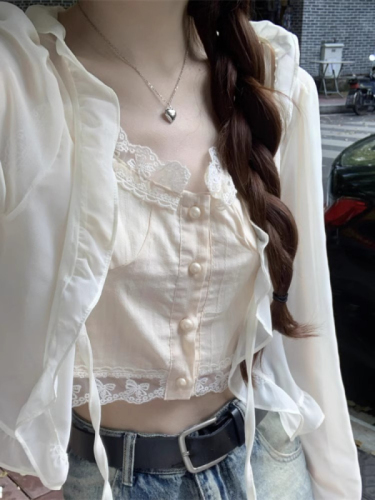 White chiffon outer cardigan summer women's new thin blouse with suspender skirt coat shawl top