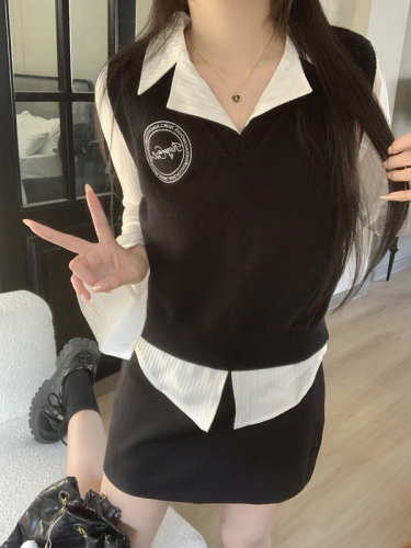 Women's Sweater Vest Long Sleeve Shirt Skirt Three Piece Suit