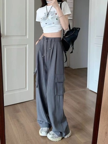 American style overalls summer plus size women's casual pants straight hanging loose wide leg pants fat mm slimming long pants