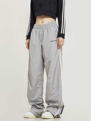 Sports pants for women in spring and autumn, letter embroidered side stripes, loose drape, straight, small, casual wide-leg pants