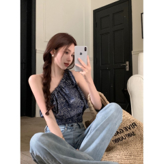 Women's clothing design sense strapped short waist pleated retro temperament hot girl print slant collar off-shoulder vest for women summer