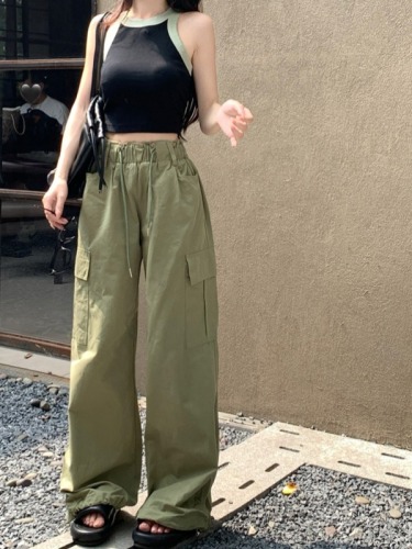 Actual shot of slim-fitting short vest for women + American high street overalls drawstring high waist slimming wide leg casual pants