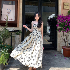 Summer 2024 New French Floral Strappy Maxi Dress for Girls and Women, Fitted Waist, Slimming Vacation and Beach Dress