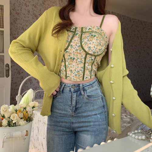 Plus size women's summer clothing new fat girl slimming printed suspenders with knitted sweater two-piece set