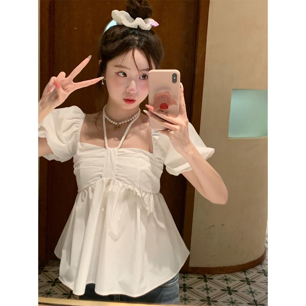 氣質方領掛脖泡泡袖襯衫女夏季新款設計感顯瘦減齡短袖娃娃衫