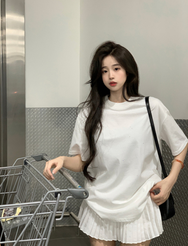 Actual shot of 220g pure cotton short-sleeved T-shirt summer shoulder starry print mid-length round neck top Korean style women's clothing