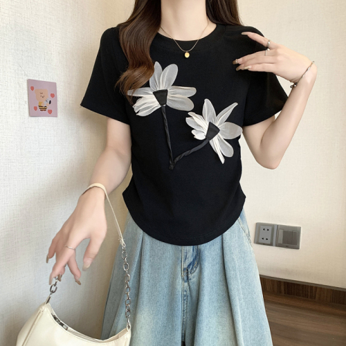 Plus size women's new style stand-up decorative short-sleeved tops T-shirt versatile round neck